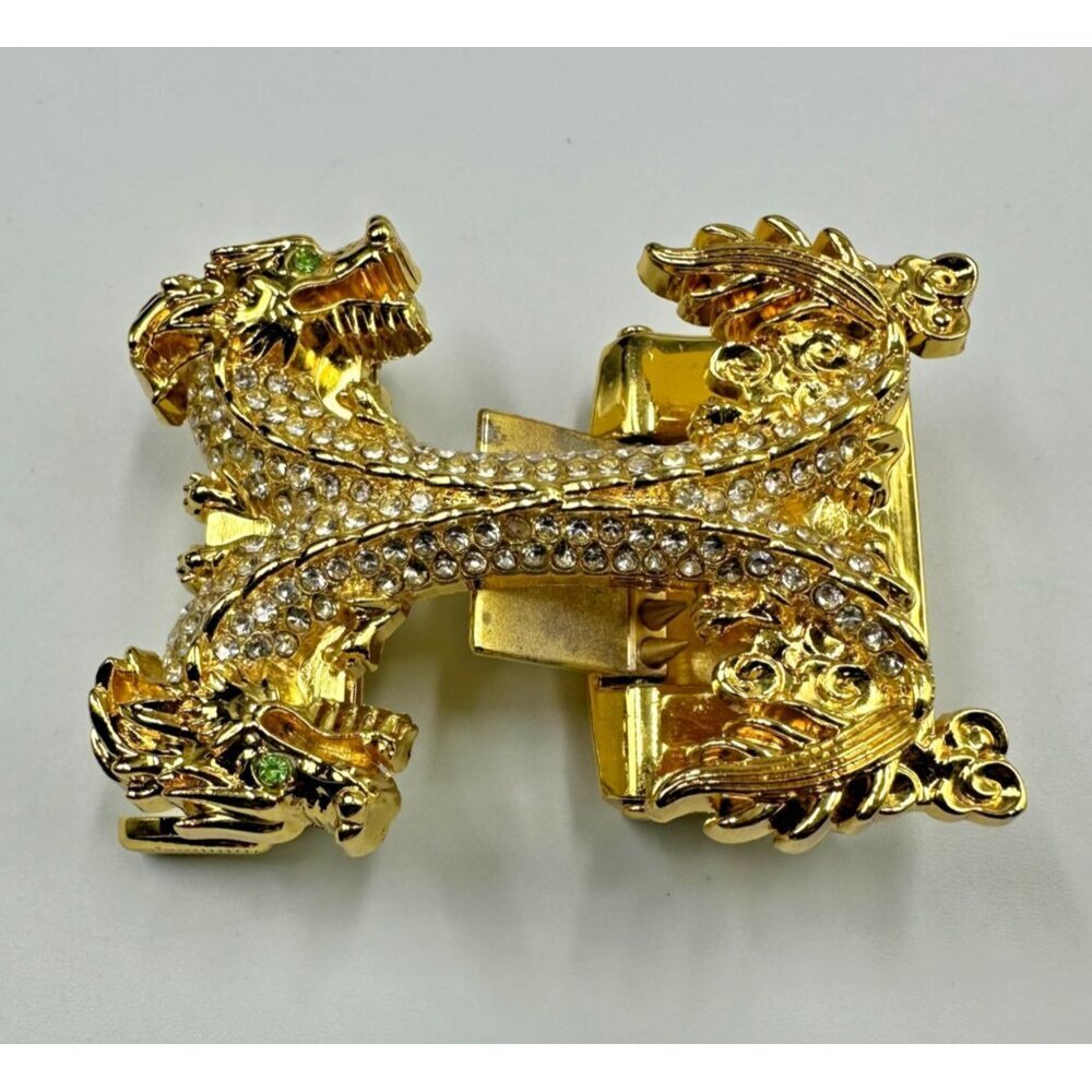 Double Dragon Rhinestone Ratchet Belt Buckle Gold Tone Automatic Slide